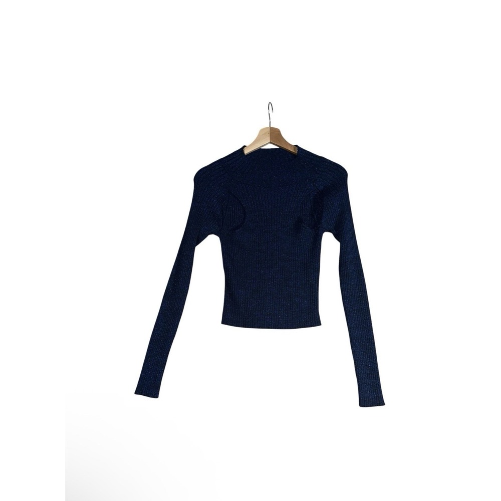 NEW Open Edit Cutout Sweater Women Sz XS Blue Sparkle Mock Neck Long Sleeve